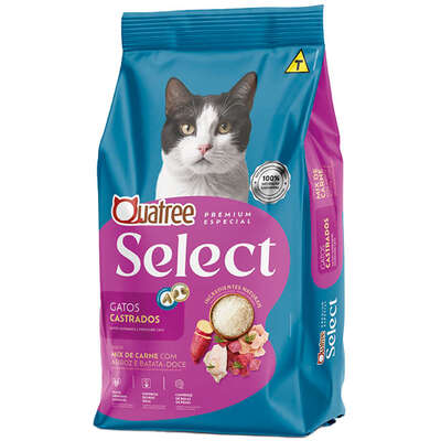Ração Quatree Select para Gatos Castrados Sabor Mix de Carne com Arroz e Batata Doce 3 KG