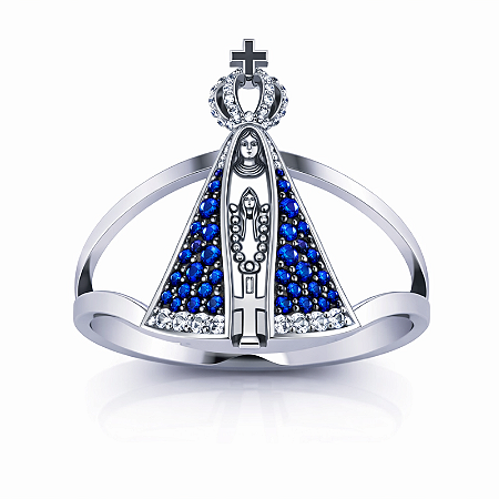 Anel Nossa Senhora Aparecida Prata 925 com Zircônias Azuis Feminino
