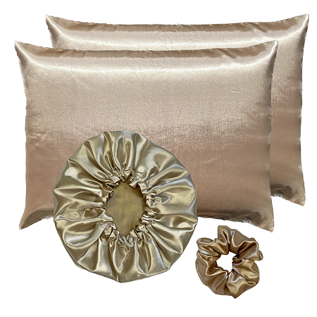 Kit 2 Fronhas de Cetim + 1 Touca dupla face + 1 Scrunchie