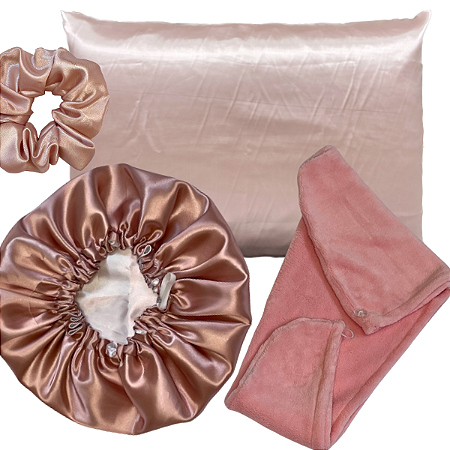 Kit Antifrizz Completão - Fronha, Touca e Scrunchie De Cetim + Touca De Microfibra fleece