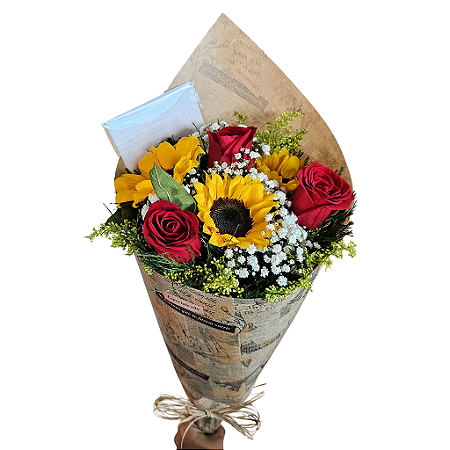 Buquê de 3 rosas e 3 Girassóis