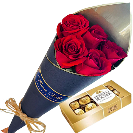 Buquê Black de 5 Rosas + Ferrero Rocher 12und