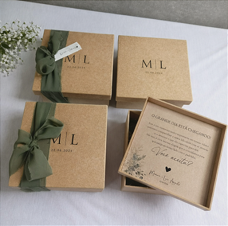 Caixa Convite de Casamento para Padrinhos Verde Oliva Minimalista