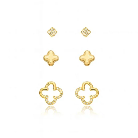 KIT BRINCO TRIO TREVO COM ZIRCÔNIA B. OURO 18K