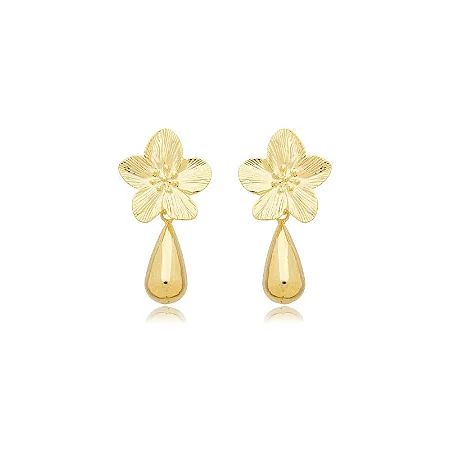 BRINCO FLORAL JASMIM COM GOTA B. OURO 18K
