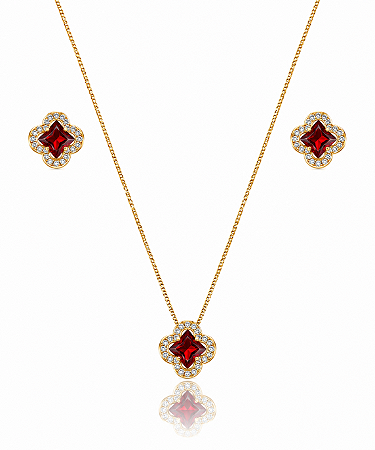 CONJUNTO TREVO VERMELHO CRAVEJADO ZIRCÔNIA B. OURO 18K