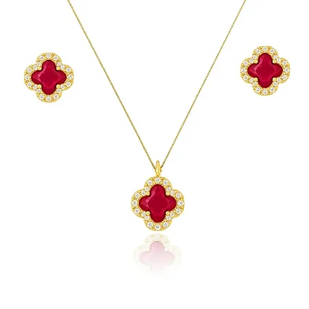 CONJUNTO TREVO VERMELHO CRAVEJADO B. OURO 18K