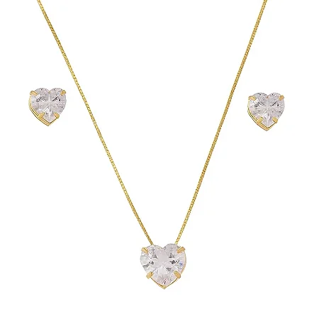 CONJUNTO CORAÇÃO ZIRCÔNIA 8MM B. OURO 18K