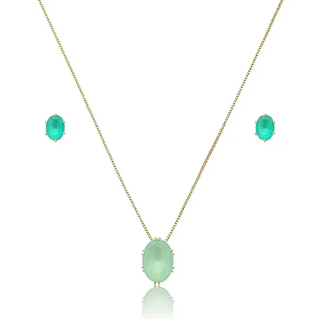 CONJUNTO PEDRA VERDE ÁGUA B. OURO 18K