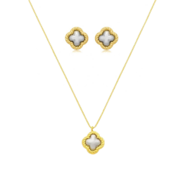 CONJUNTO TREVO BICOLOR B. OURO 18K