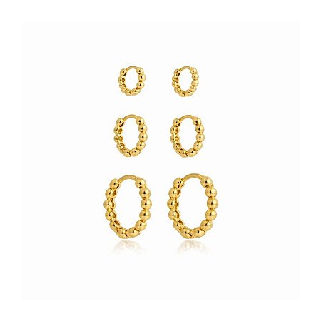 KIT BRINCO TRIO DE ARGOLAS ARTICULADA BOLINHA B. OURO 18K