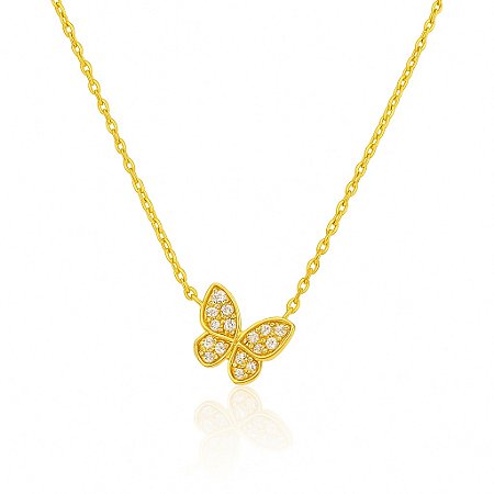 COLAR BORBOLETA CRAVEJADA ZIRCÔNIA B. OURO 18K