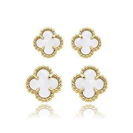 KIT BRINCO DUO TREVO BRANCO 7MM, 9MM B. OURO 18K
