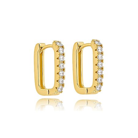 BRINCO ARGOLA ART. RETANGULAR ZIRCÔNIA P B. OURO 18K