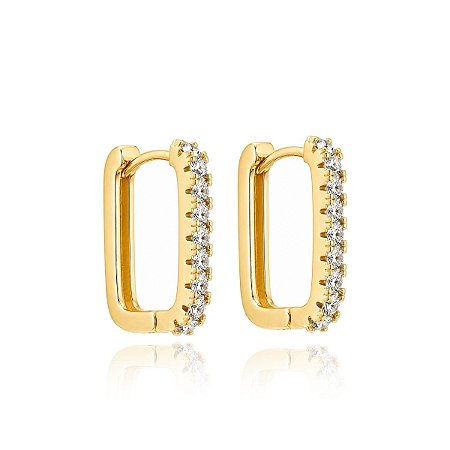BRINCO ARGOLA ART. RETANGULAR ZIRCÔNIA M B. OURO 18K