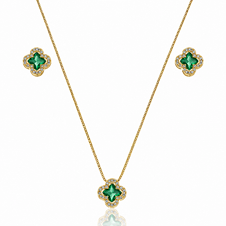 CONJUNTO TREVO VERDE ESMERALDA CRAVEJADO ZIRCÔNIA B. OURO 18K