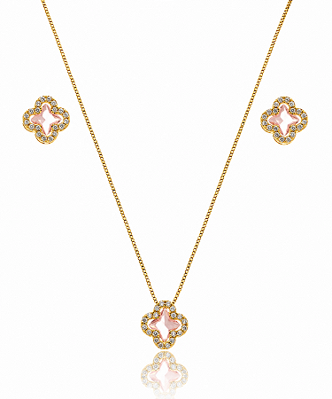 CONJUNTO TREVO ROSA CRAVEJADO ZIRCÔNIA B. OURO 18K
