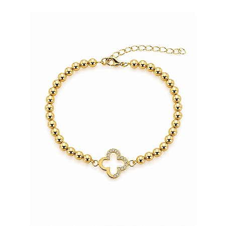 PULSEIRA ESFERAS COM TREVO ZIRCÔNIA B. OURO 18K
