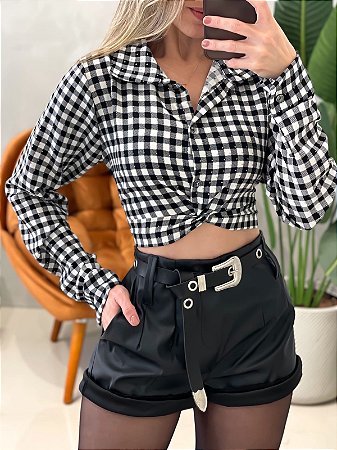 Camisa Cropped Manga Longa Xadrez com Strass e Amarração Fabia Ref. 1541