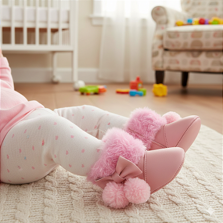 Botinha Bebê Rosa com Pelúcia e Laço