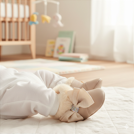Botinha Bebê Bege com Pelúcia e Laço Conforto
