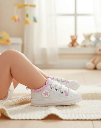Tênis Bebê Mania Star Casual Conforto Branco e Rosa
