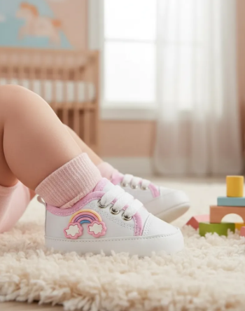 Tênis Bebê Mania Star Casual Conforto Branco e Rosa Arco Iris