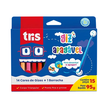 Giz Apagável - 12 Cores Regulares + 2 Cores Metálicas + Borracha - Tris