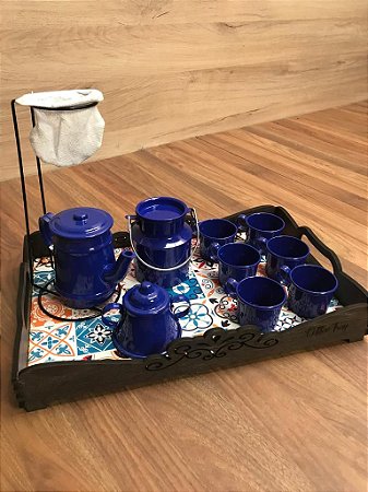 Bandeja Arabesco Marrom + Kit Café Azul