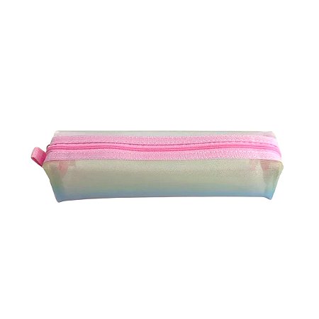 Estojo De Malha Miniso Rosa Degradê Papelaria Fofa