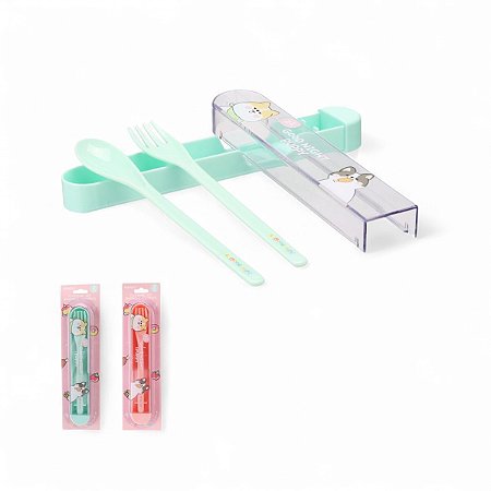 Talheres Plástico Miniso Estojo Coleção Puppy & Kitten