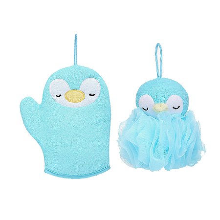 CONJUNTO DE ESPONJA  DE BANHO E LUVA  PINGUIM AZUL TAM 24X17