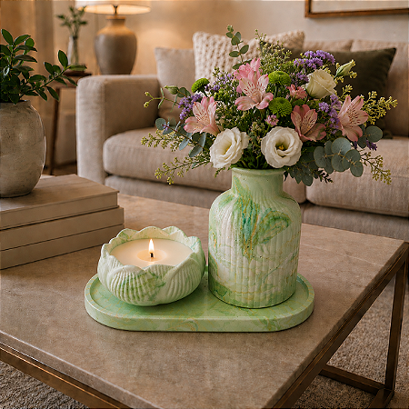 Kit Decorativo Premium Verde Marmorizado com Porta Vela e Vaso
