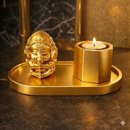 Kit Luxo Decorativo Dourado com Porta-Vela + Buda Ganesha