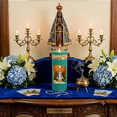 Vela Artesanal Gruta Nossa Senhora Aparecida Verde com Pedras Citrino e Copo de Vidro - Altar e Decoração Católica