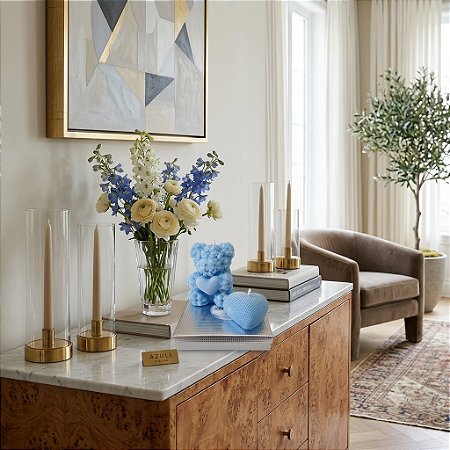 Vela Decorativa Ursinho de Rosas Azul com Coração + Vela Coração