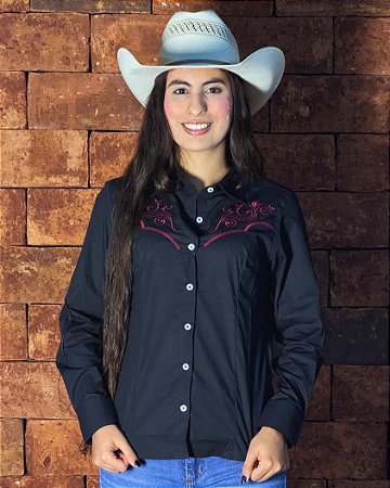 CAMISA FEM AUSTIN LISA BORDADA PRETA