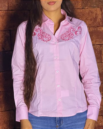 CAMISA FEM LISA BORDADA AUSTIN ROSA