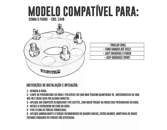 Espaçador Alargador de Rodas 5x114.3 32mm Cherokee Sport, Troller Até 2001, Ranger Antiga