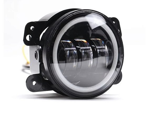 Par de Farol de Milha Neblina Universal 4 Pol 10cm + Angel Eyes DRL e Seta - LED Luz Branca 60W