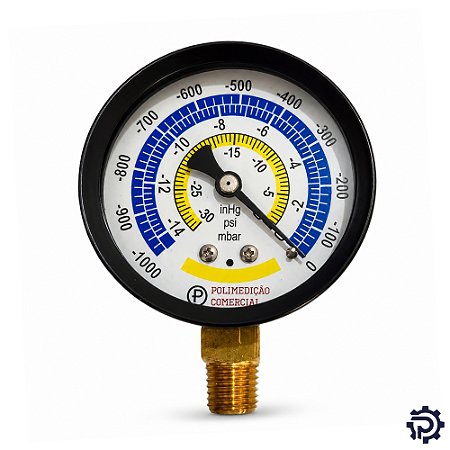 Vacuômetro Analógico 63mm -1000 a 0 mbar 1/4" NPT p/ Refrigeração e Bomba de Vácuo