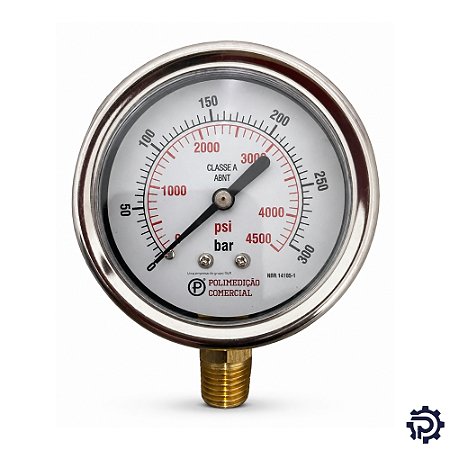 Manômetro Inox 100mm Glicerina 1/2" NPT Saída Vertical 0 a 1000 KGF / 14000 PSI