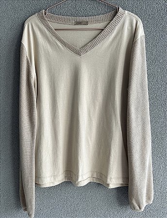 Blusa gola V manga longa algodão e malha tricot