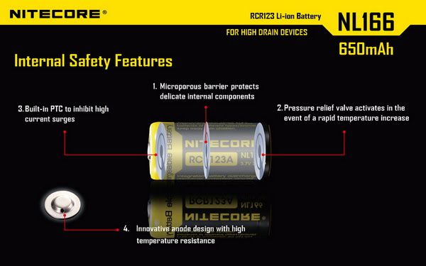 Bateria RCR123A ou 18350 Nitecore NL166 650 mAh