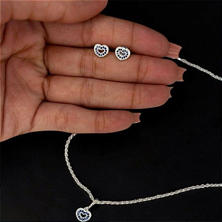 CONJUNTO COLAR E BRINCO AZUL FEMININO EM PRATA 925