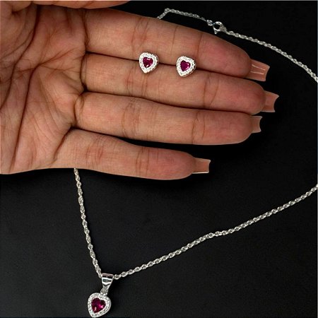 CONJUNTO COLAR E BRINCO CORAÇÃO CRAVEJADO FEMININO EM PRATA 925