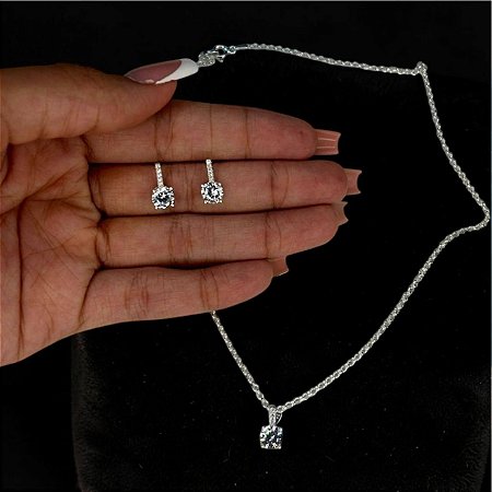 CONJUNTO COLAR E BRINCO PONTO DE LUZ LUXO FEMININO EM PRATA 925