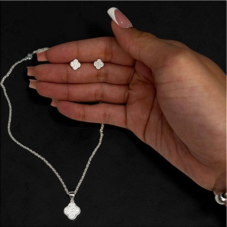 CONJUNTO COLAR E BRINCO TREVO FEMININO EM PRATA 925