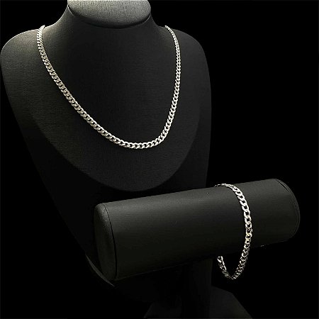 CONJUNTO MASCULINO CORRENTE 60CM E PULSEIRA GRUMET 5,5MM EM PRATA 925