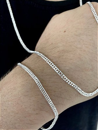 KIT CORRENTE 3MM ELO DUPLO GRUMET 60CM E PULSEIRA EM PRATA 925